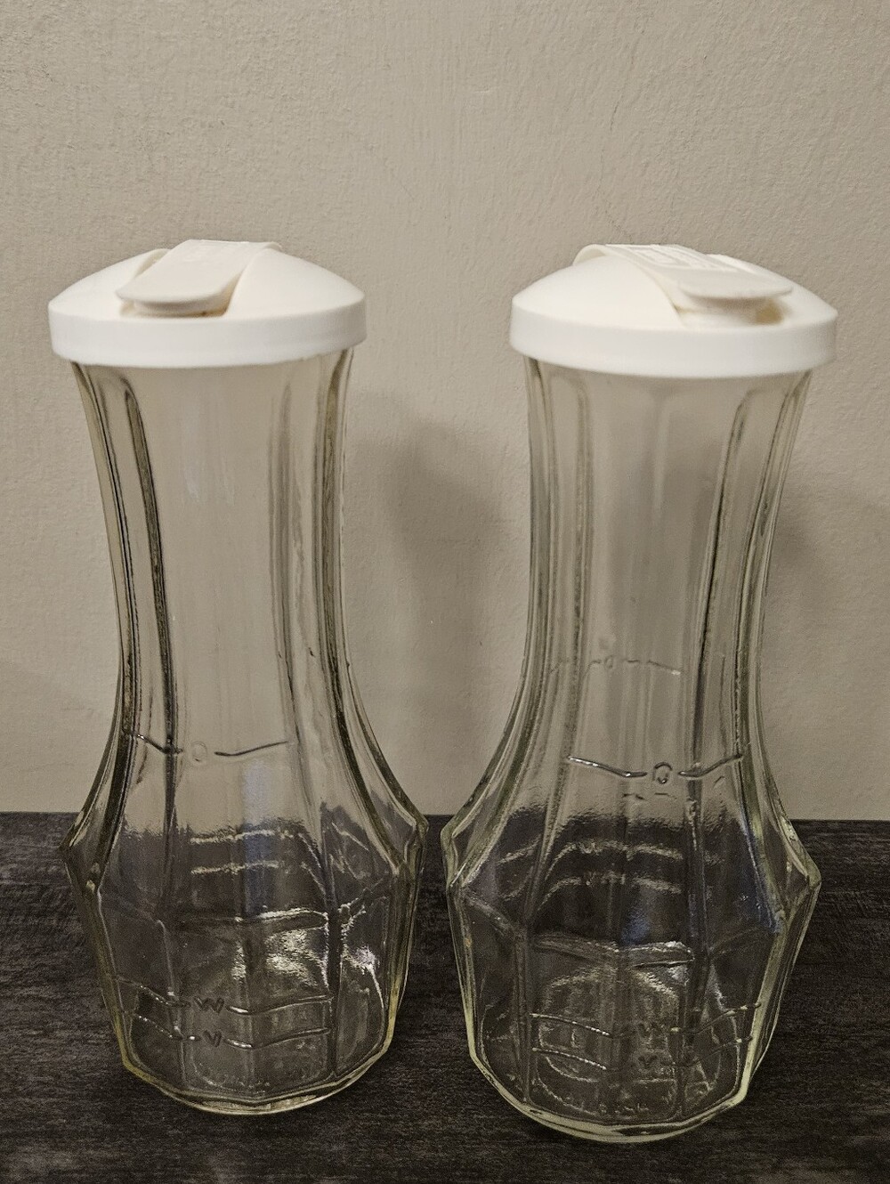 Set of 2 Vintage Good Seasons Glass Salad Dressing Cruets with White Lids